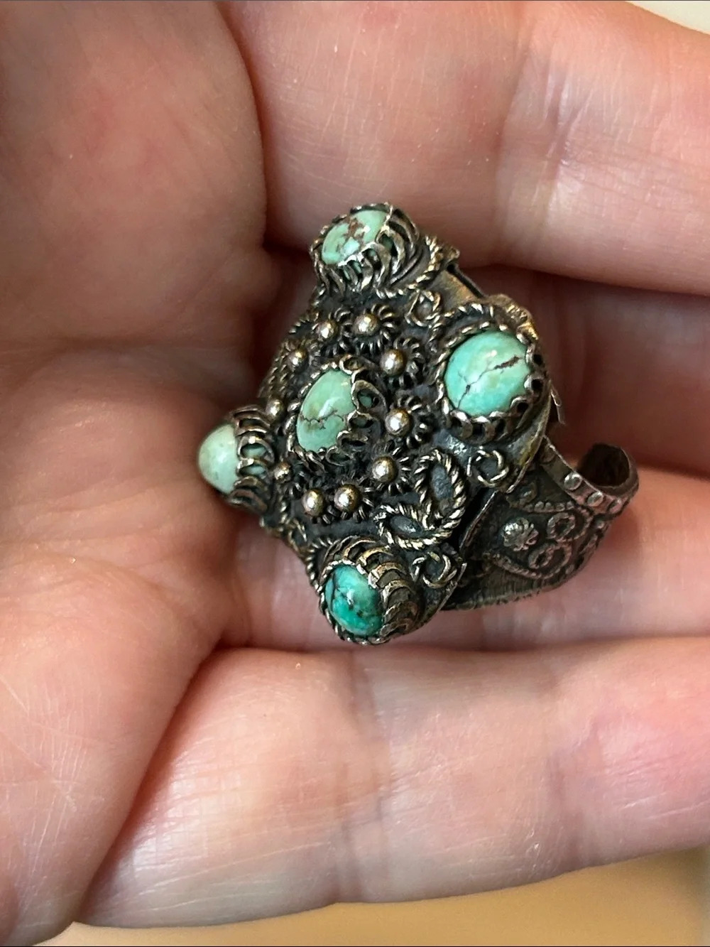 Antique Yemenite Filigree Genuine Turquoise Silver Ornate Ring